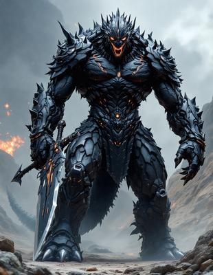 The primary subject of the image is a large, dark, and menacing creature with a spiky appearance. It is standing on a rocky surface, possibly a mountain, with a sword in its hand. The setting appears to be a dark and ominous environment, possibly a fantasy or sci-fi world. The visual style of the image is digital art, with the creature being a detailed and intricate illustration. The dominant colors in the image are dark and grey, creating a moody and intense atmosphere.